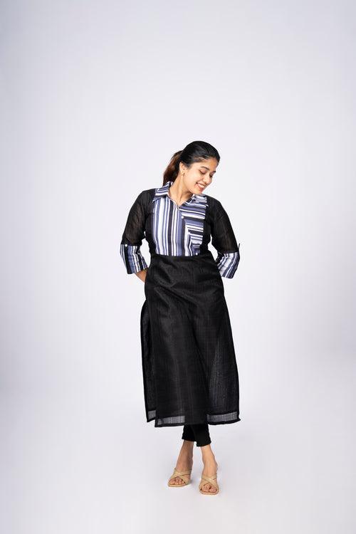 Black linen mix cotton kurti with stripped yoke and shirt collar MBS- R147