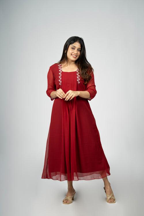 Meroon shade Georgette aline kurti with Handwork and pleats MBS- R143