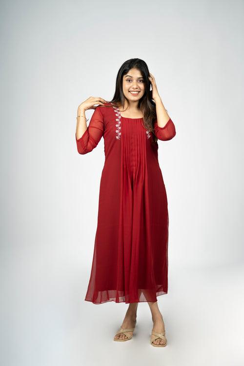 Meroon shade Georgette aline kurti with Handwork and pleats MBS- R143