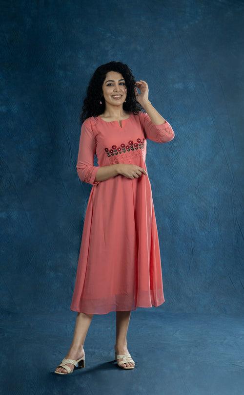 Peach pink georgette A-line kurti with floral embroidered and crochet lace yoke MBS-R209