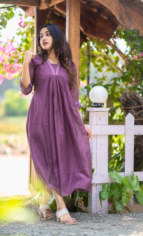 Dark mauve shaded soft organza A-line kurti with cut worked sleeves MBS-352