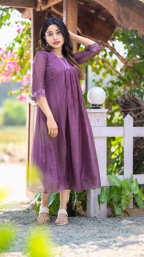 Dark mauve shaded soft organza A-line kurti with cut worked sleeves MBS-352
