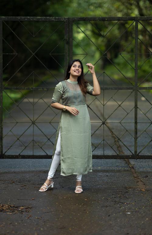 Satin georgette kurti with handworked yoke in sage green shade MBS-R189