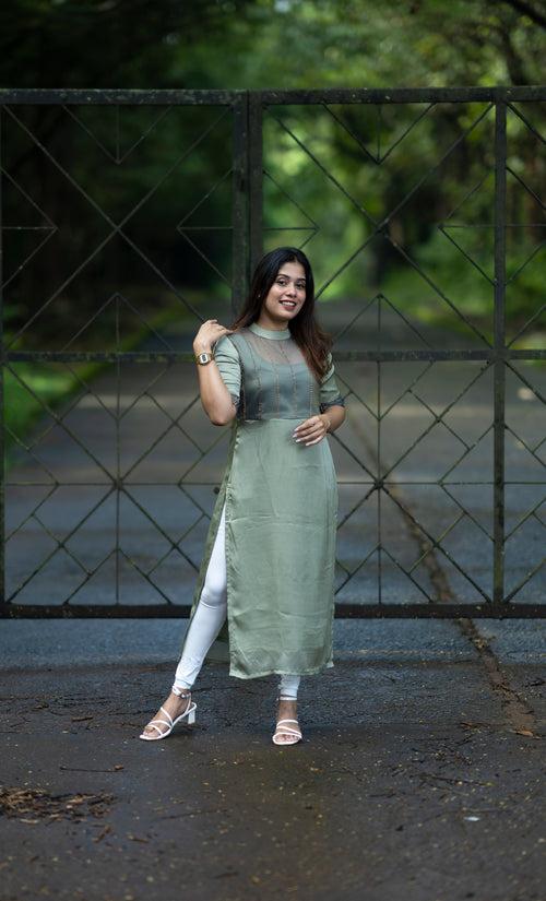 Satin georgette kurti with handworked yoke in sage green shade MBS-R189