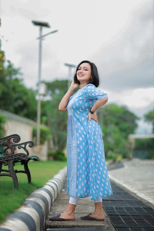 Cotton floral printed soft cotton Jaipur kurti in blue shade