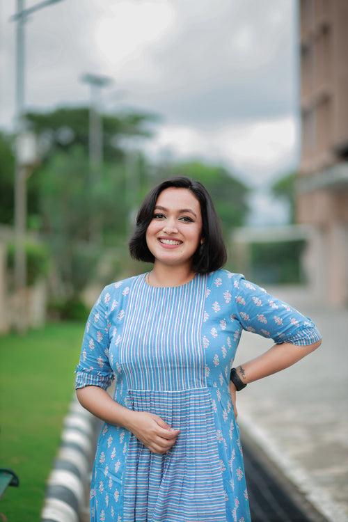 Cotton floral printed soft cotton Jaipur kurti in blue shade