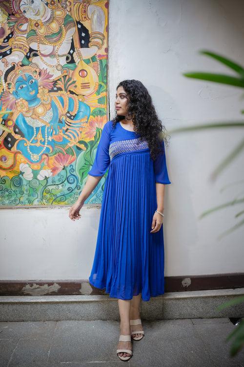 Royal blue georgette Aline kurti with hand embroidery