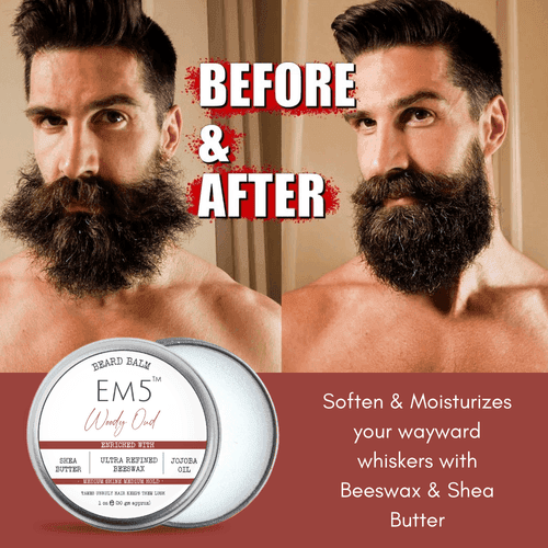 EM5™ Natural Organic Beard Balm | EM5's Natural Organic Beard Balm | Medium Hold - Shine | BeesWax, Shea Butter, Jojoba Oil, Essential Oils (Woody Oud)