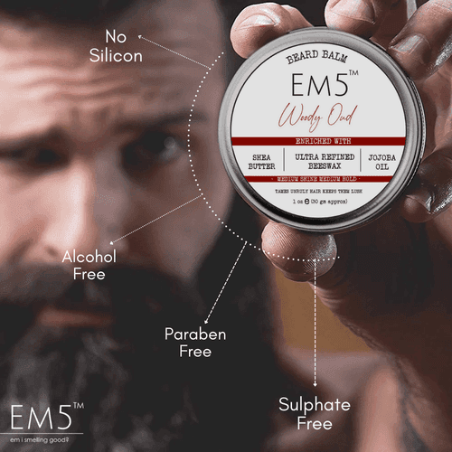 EM5™ Natural Organic Beard Balm | EM5's Natural Organic Beard Balm | Medium Hold - Shine | BeesWax, Shea Butter, Jojoba Oil, Essential Oils (Woody Oud)