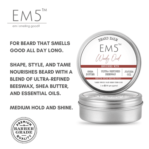 EM5™ Natural Organic Beard Balm | EM5's Natural Organic Beard Balm | Medium Hold - Shine | BeesWax, Shea Butter, Jojoba Oil, Essential Oils (Woody Oud)