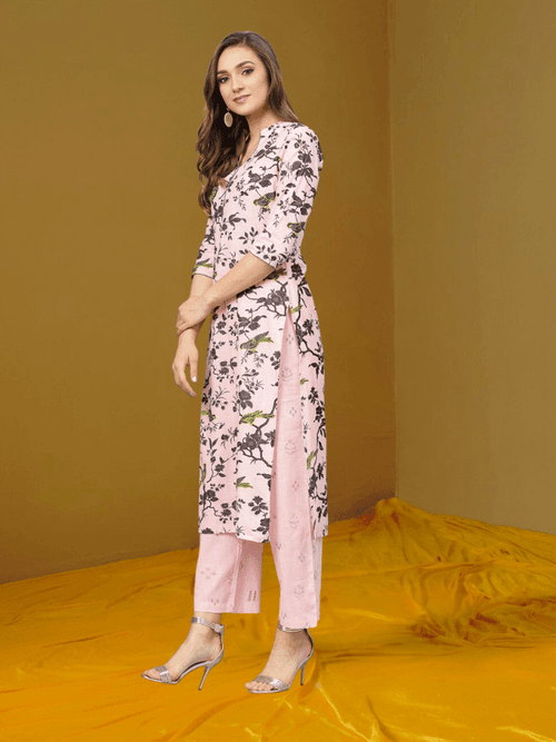 Grey Print Kurta With Baby Pink Printed Palazzo Pants