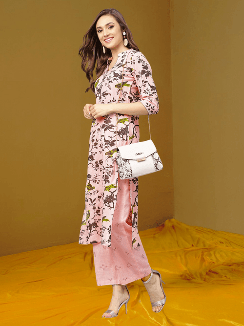 Grey Print Kurta With Baby Pink Printed Palazzo Pants