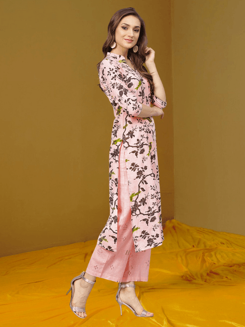 Grey Print Kurta With Baby Pink Printed Palazzo Pants