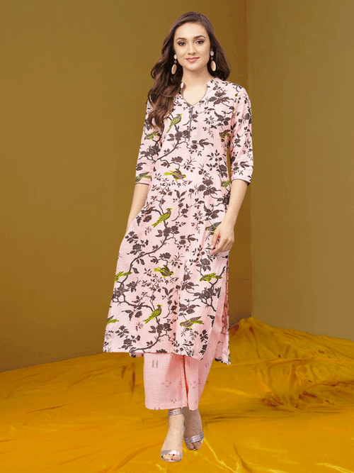 Grey Print Kurta With Baby Pink Printed Palazzo Pants