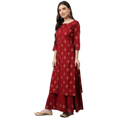 Idalia Printed Kurta With Maroon Cotton Skirt