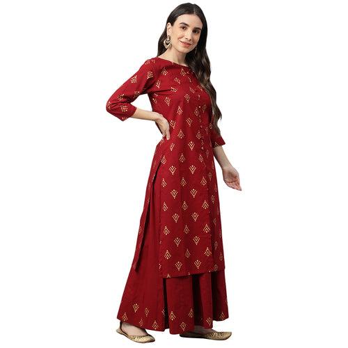 Idalia Printed Kurta With Maroon Cotton Skirt