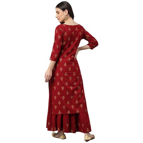 Idalia Printed Kurta With Maroon Cotton Skirt