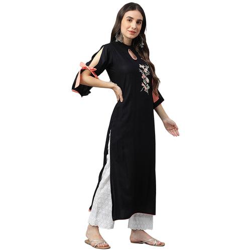 Idalia Black Embroidered Rayon Kurta