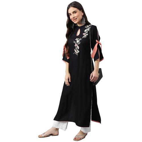 Idalia Black Embroidered Rayon Kurta