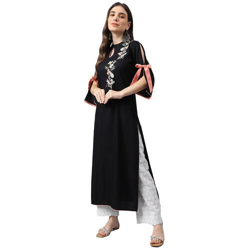 Idalia Black Embroidered Rayon Kurta