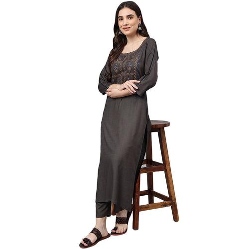 Idalia Grey Embroidered Rayon Kurta Set