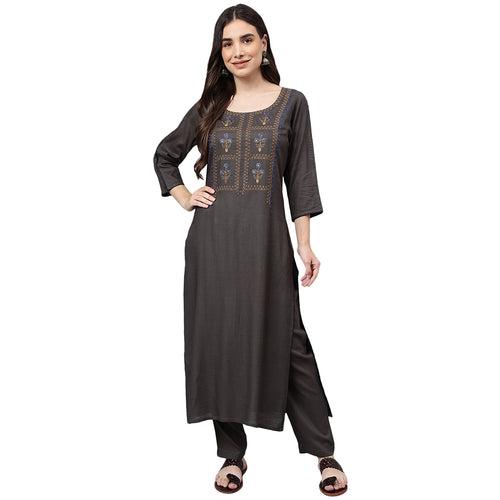 Idalia Grey Embroidered Rayon Kurta Set