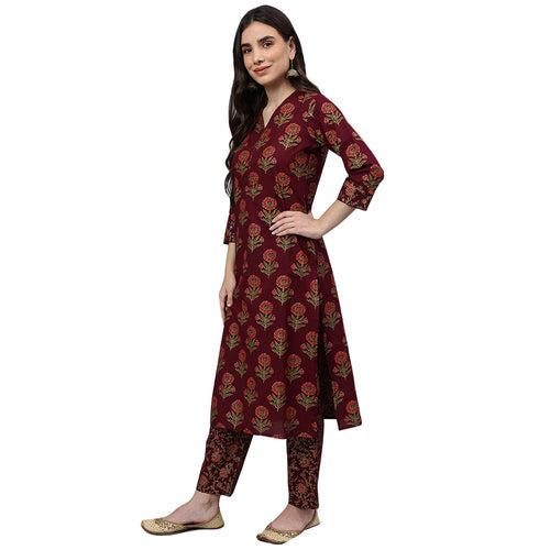 Idalia Maroon Gold Printed Cotton Kurta Set