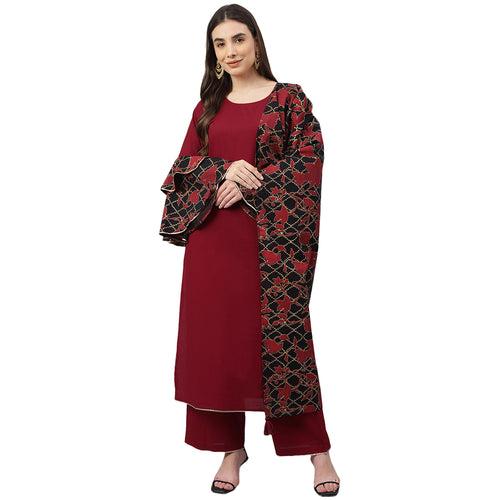 Idalia Maroon Cotton Kurta With Palazzo Pants and Printed Dupatta