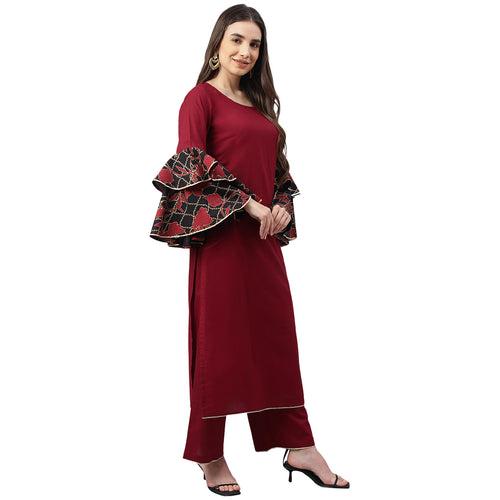 Idalia Maroon Cotton Kurta With Palazzo Pants and Printed Dupatta