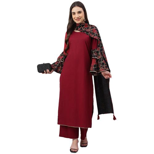 Idalia Maroon Cotton Kurta With Palazzo Pants and Printed Dupatta