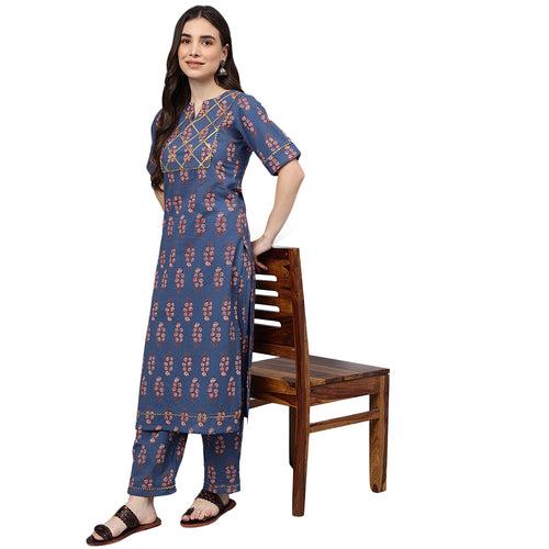 Idalia Blue And Red Printed Cotton Kurta Pants