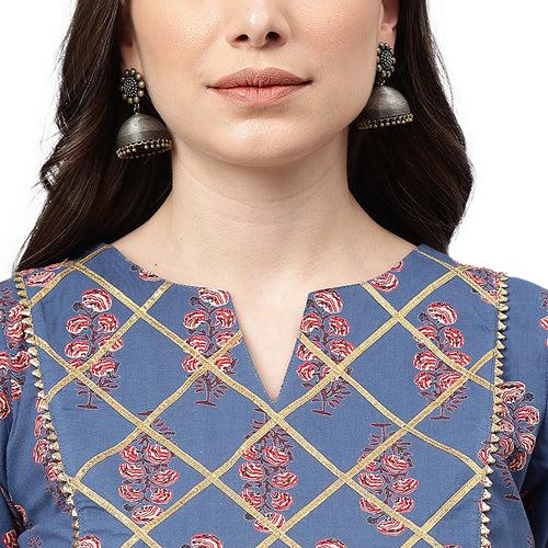 Idalia Blue And Red Printed Cotton Kurta Pants