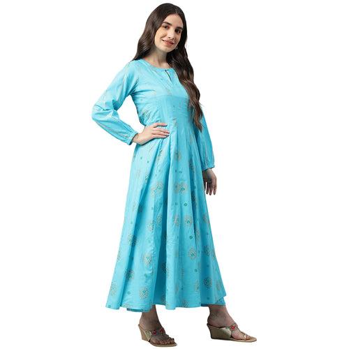 Idalia Printed Aqua Anarkali Cotton Kurta