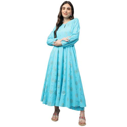 Idalia Printed Aqua Anarkali Cotton Kurta