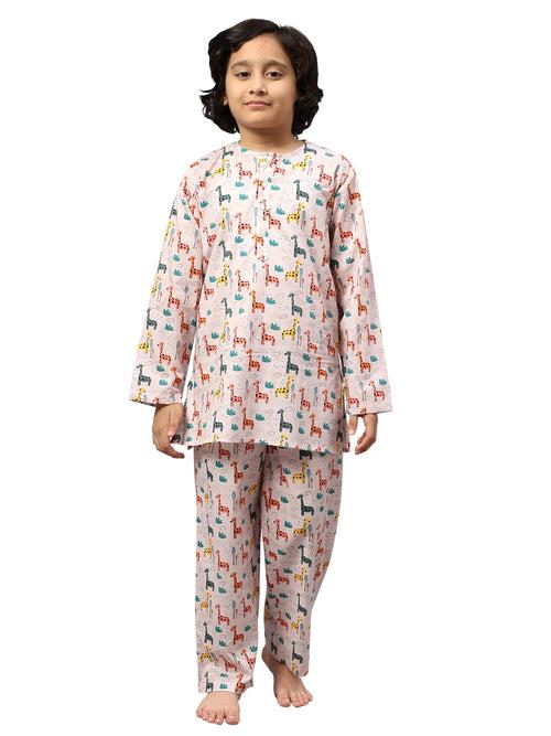 KiddieKid Multicolor Giraffe Printed Cotton Kids Night Suit For Boys & Girls