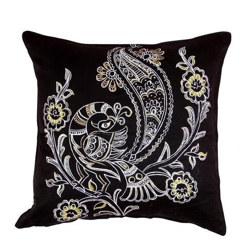 Black Handloom Handpainted Cushion Cover