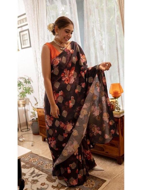 Wine Printed Floral Silk Saree