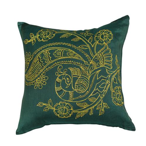 Green Handpainted Peacock Cushion Cover