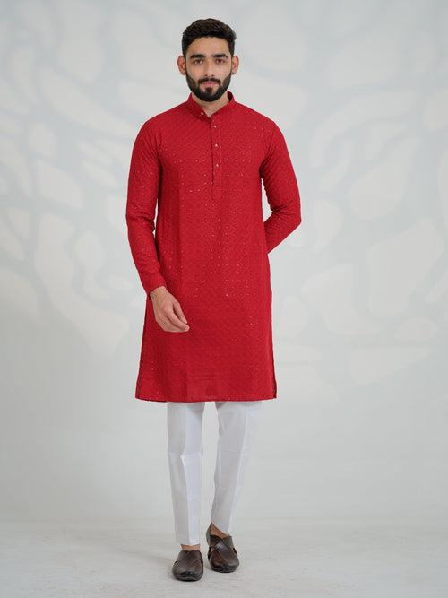 Omar Red Cotton Kurta