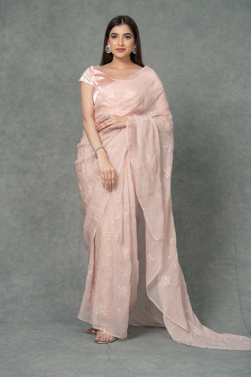 Embroidered Peach Organza Saree