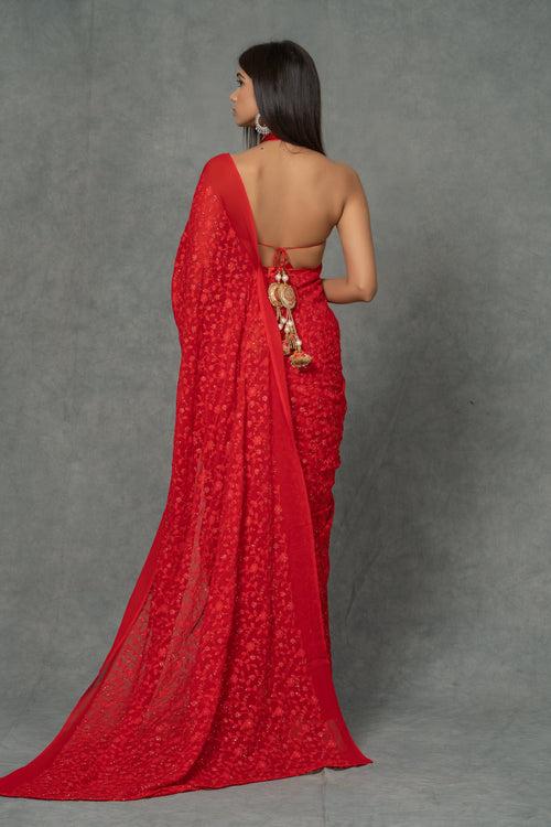 Red Chikankari Saree