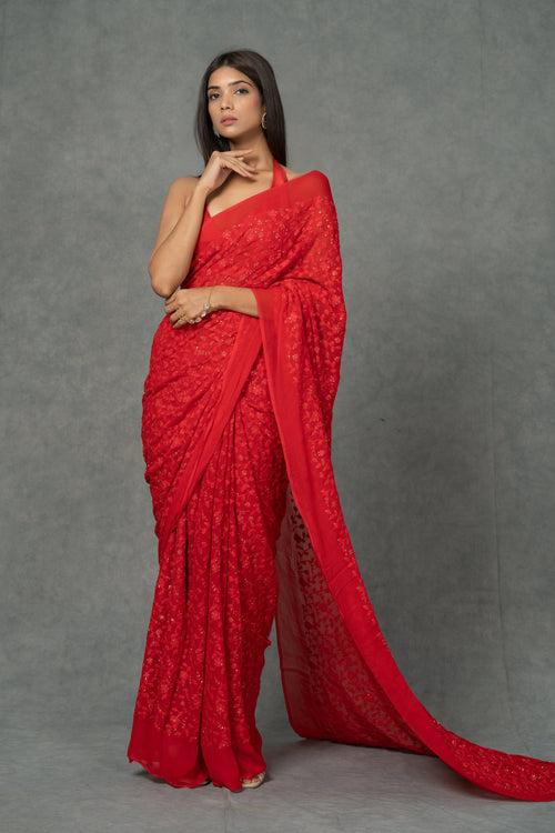 Red Chikankari Saree