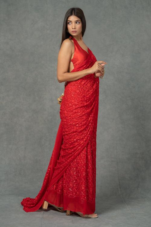 Red Chikankari Saree