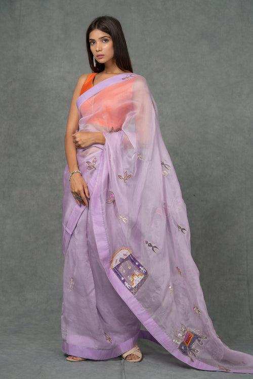 Kinara Handpainted & Handworked Lavender Saree