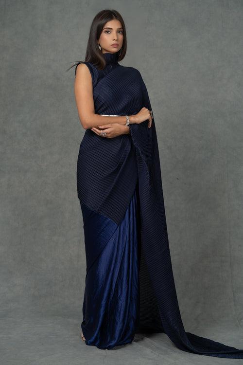 Pleated Blue Saree with belt