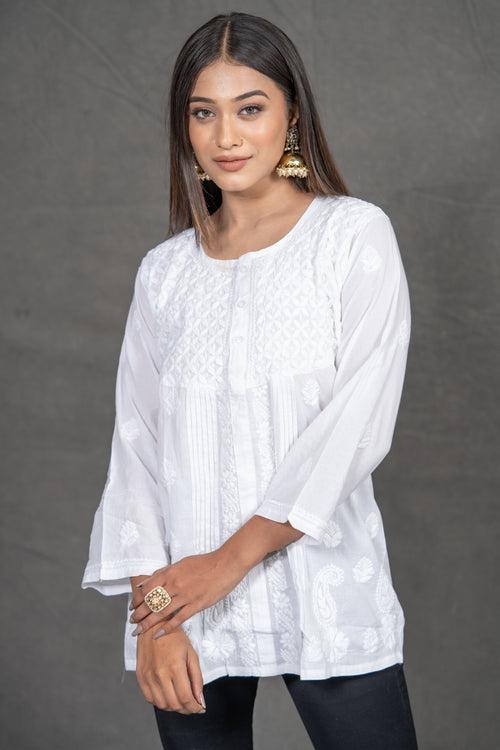 White Short Chikankari Cotton Kurti