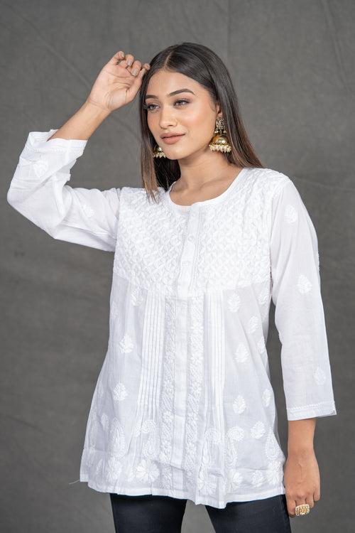 White Short Chikankari Cotton Kurti