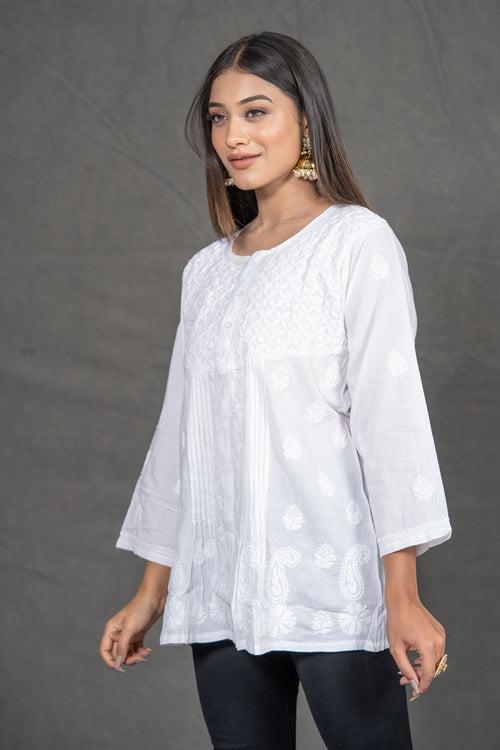 White Short Chikankari Cotton Kurti