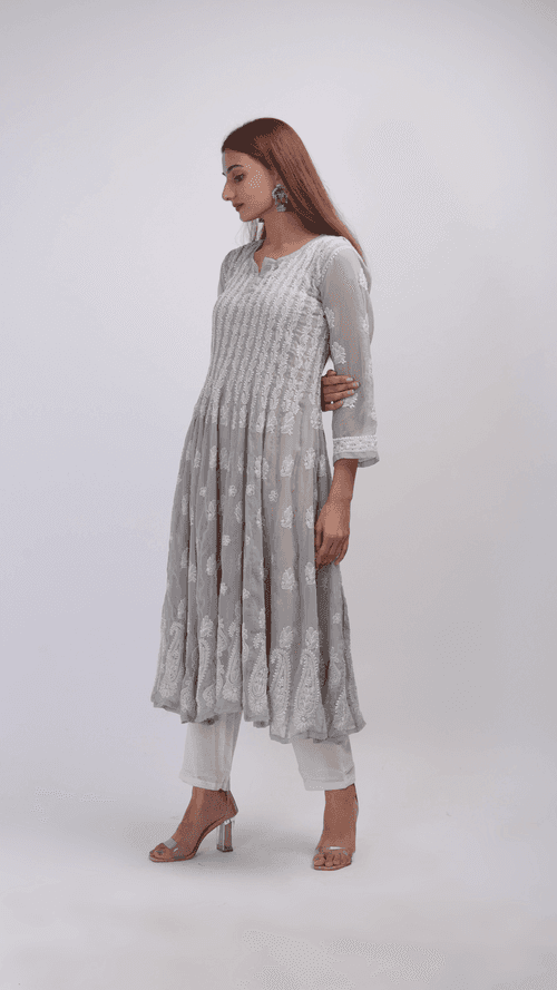 Grey Chikankari Anarkali kurti