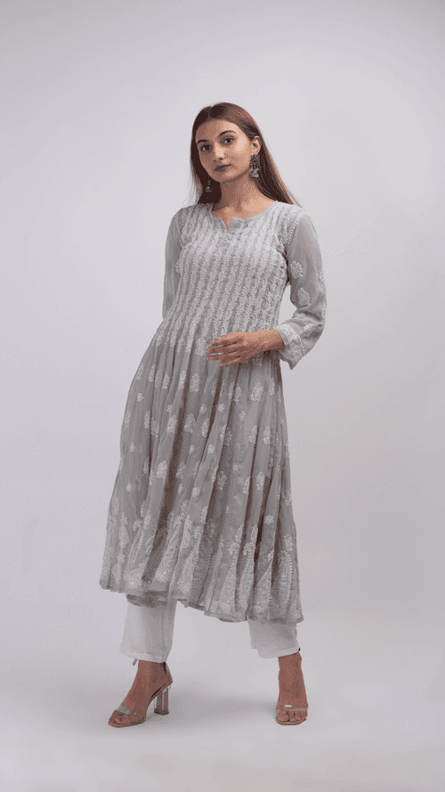 Grey Chikankari Anarkali kurti